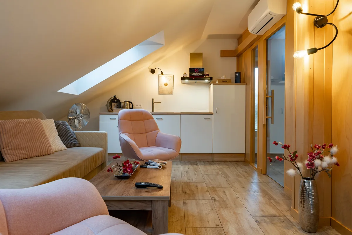Küchenzeile und Wohnbereich des Apartments