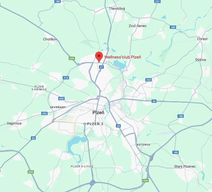 Karte von Pilsen mit dem Standort des Wellness Club Plzeň